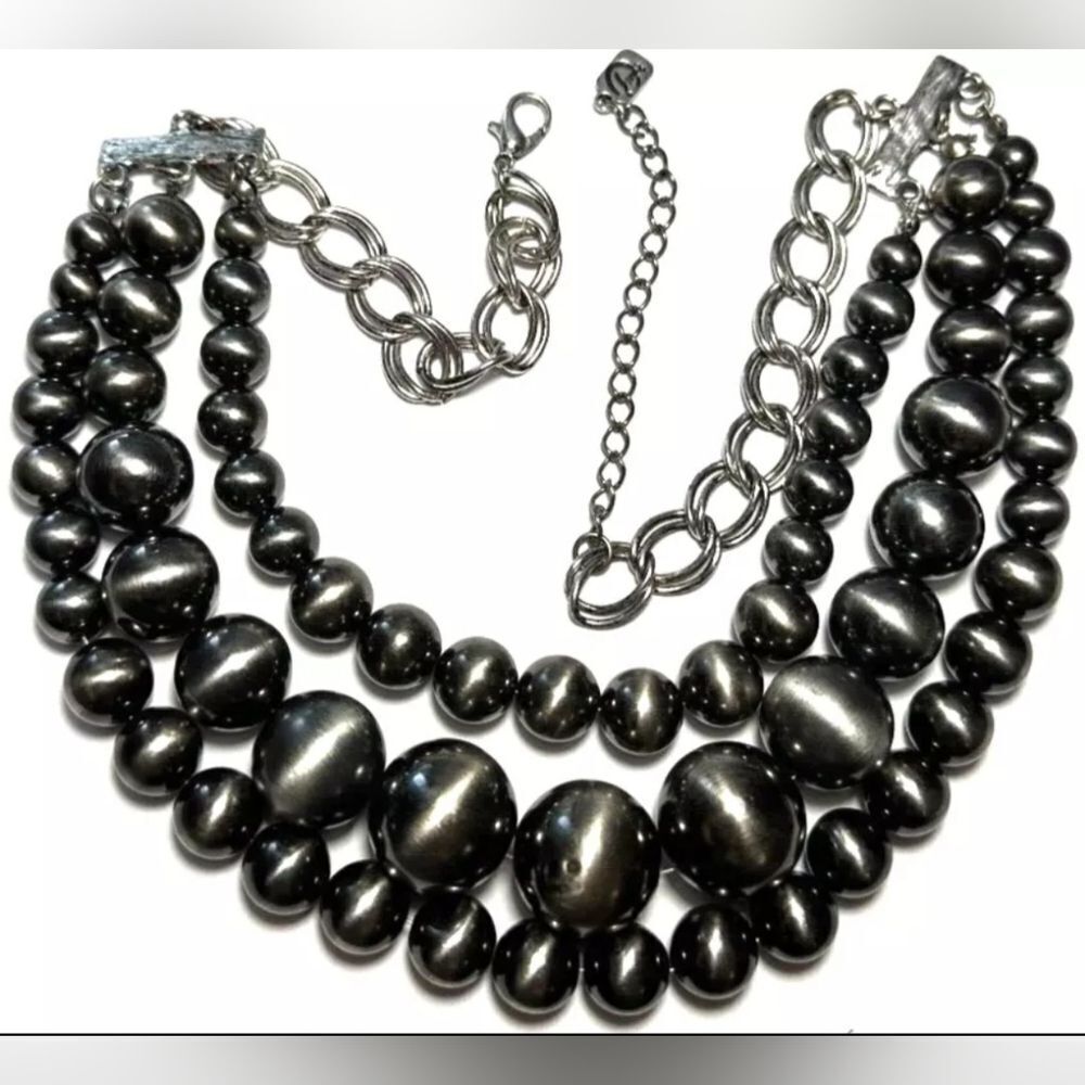 Necklace Signed YOU & I Multi Strand  Grey Silver Tone 18.5"-21"